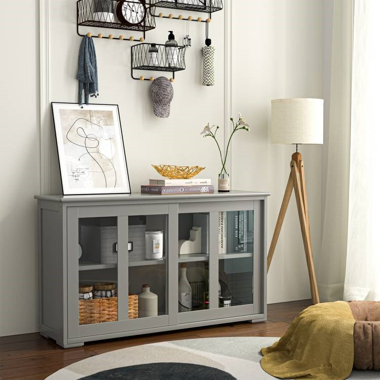 Grey Wood Buffet Kitchen Dining Sideboard Storage Cabinet w/ Glass Sliding Door - Dining > Sideboards & Buffets | Kick in the Kitch