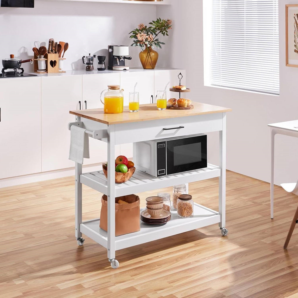 White Kitchen Island Cart with Drawer Storage Shelves and Locking Casters - Kitchen > Kitchen Carts | Kick in the Kitch