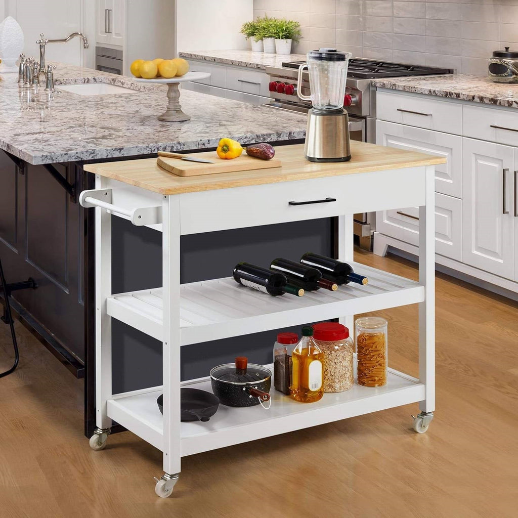 White Kitchen Island Cart with Drawer Storage Shelves and Locking Casters - Kitchen > Kitchen Carts | Kick in the Kitch
