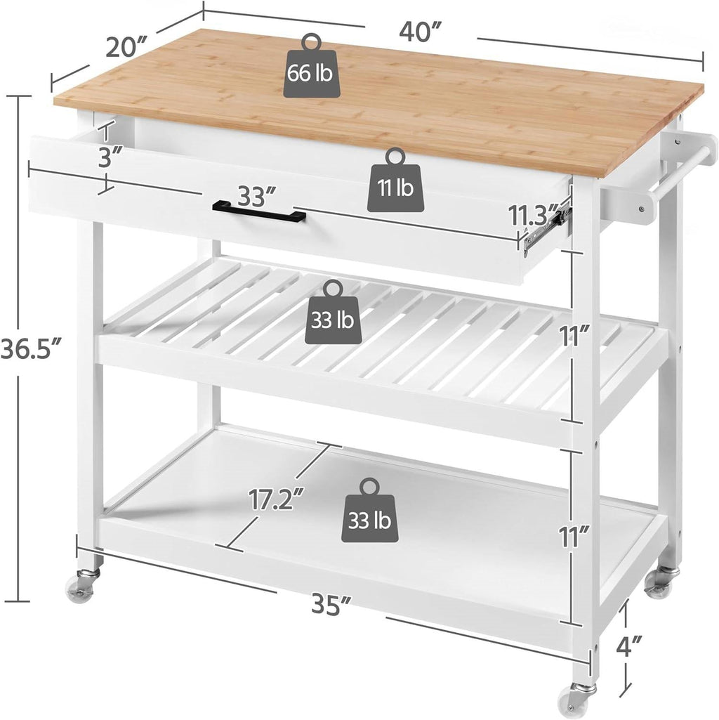 White Kitchen Island Cart with Drawer Storage Shelves and Locking Casters - Kitchen > Kitchen Carts | Kick in the Kitch