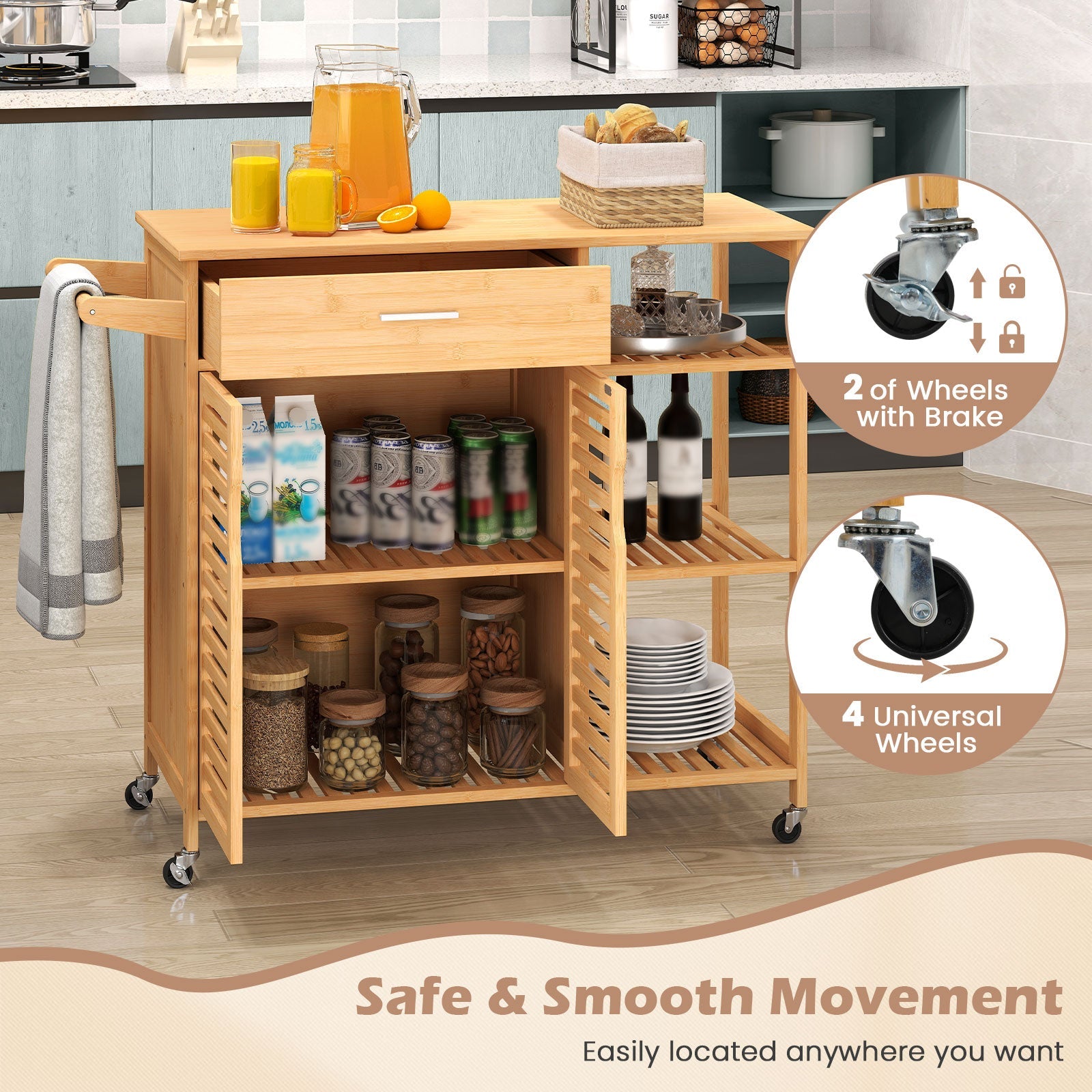 Kitchen Island Cart on Wheels with Sturdy Bamboo Frame-Natural