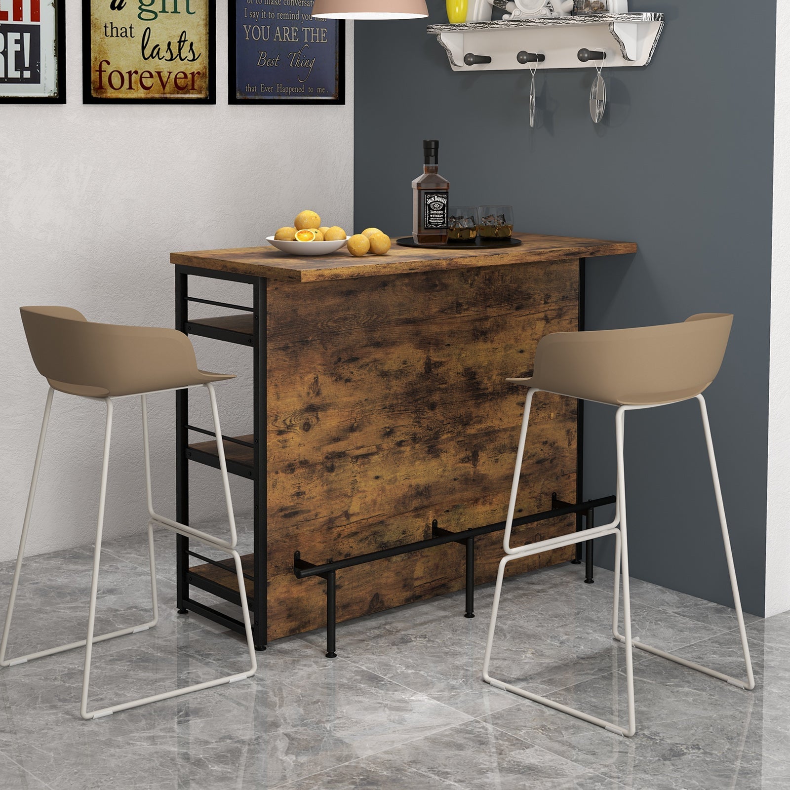 Kitchen Island with 4-Tier Storage Shelf and Long Footrest for Home-Rustic Brown