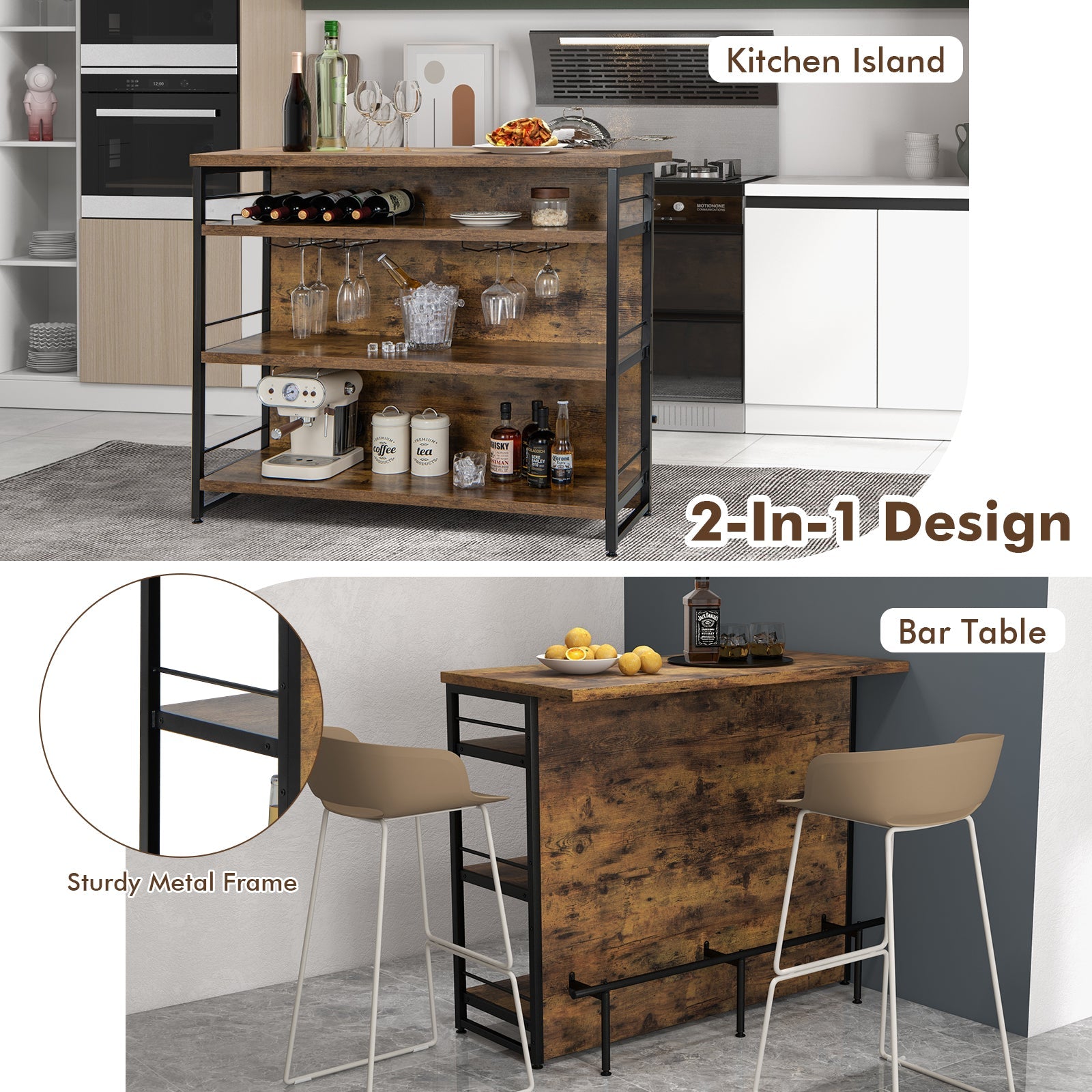 Kitchen Island with 4-Tier Storage Shelf and Long Footrest for Home-Rustic Brown