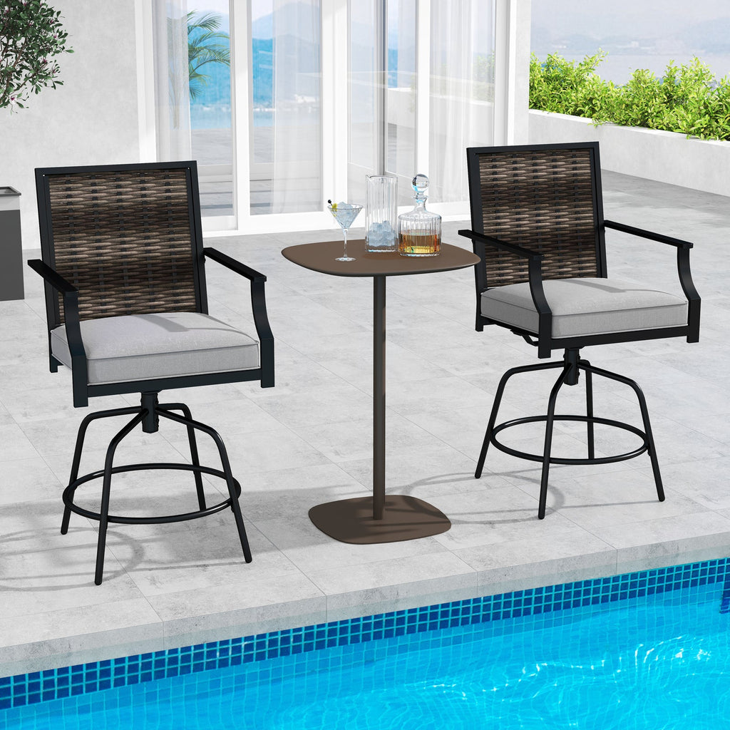 Outdoor PE Wicker Swivel Bar Stools Set of 2 Counter Height Patio Chairs with Back-Grey