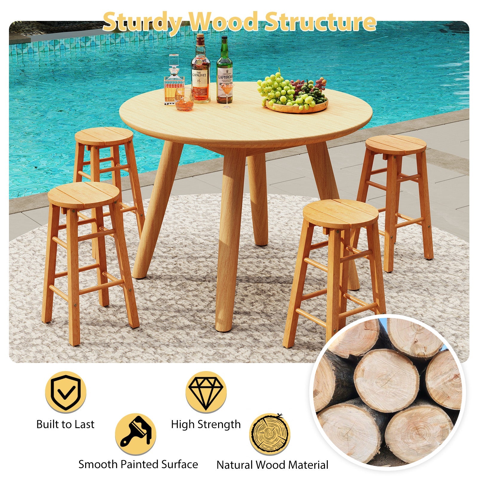 24-Inch Outdoor Wood Bar Stools Set of 2 with Round Seat and Footrest