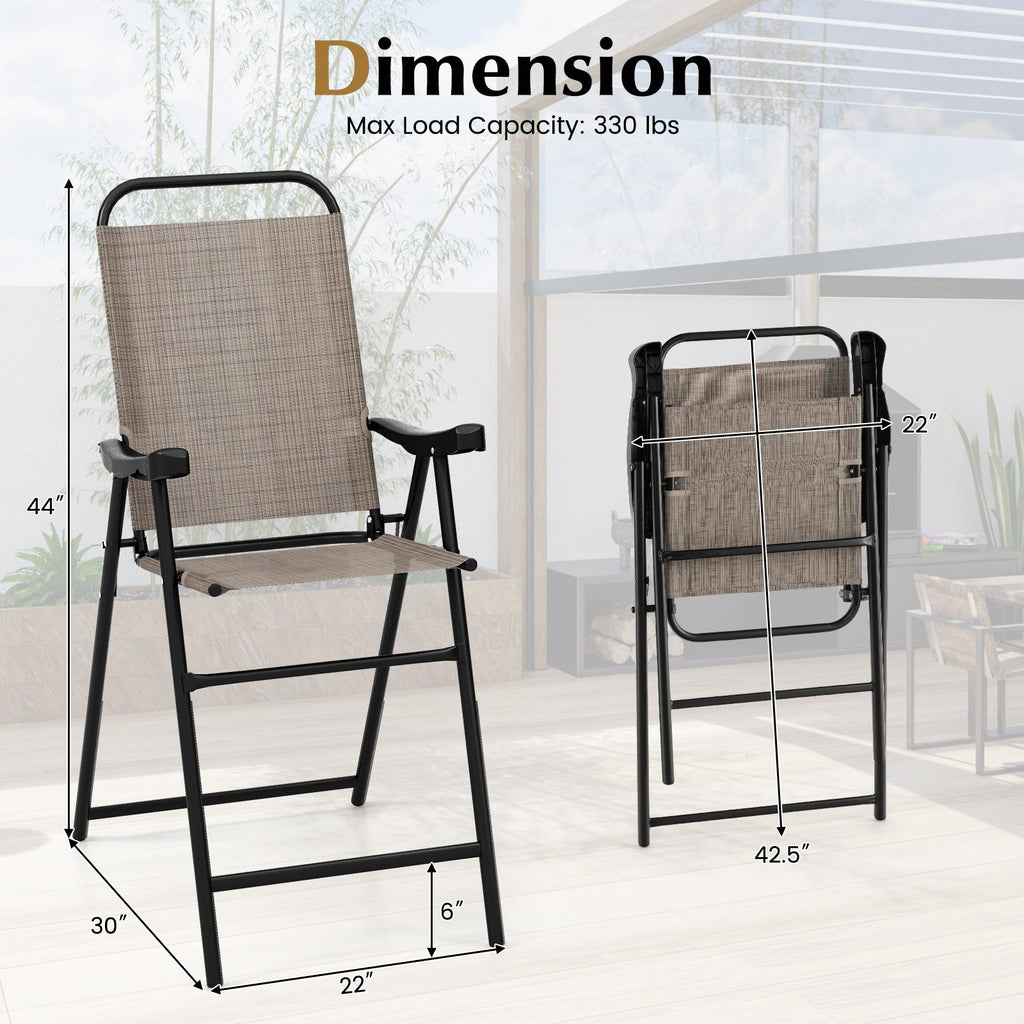 Patio Folding Bar Stool Set of 2 with Metal Frame and Footrest-Coffee