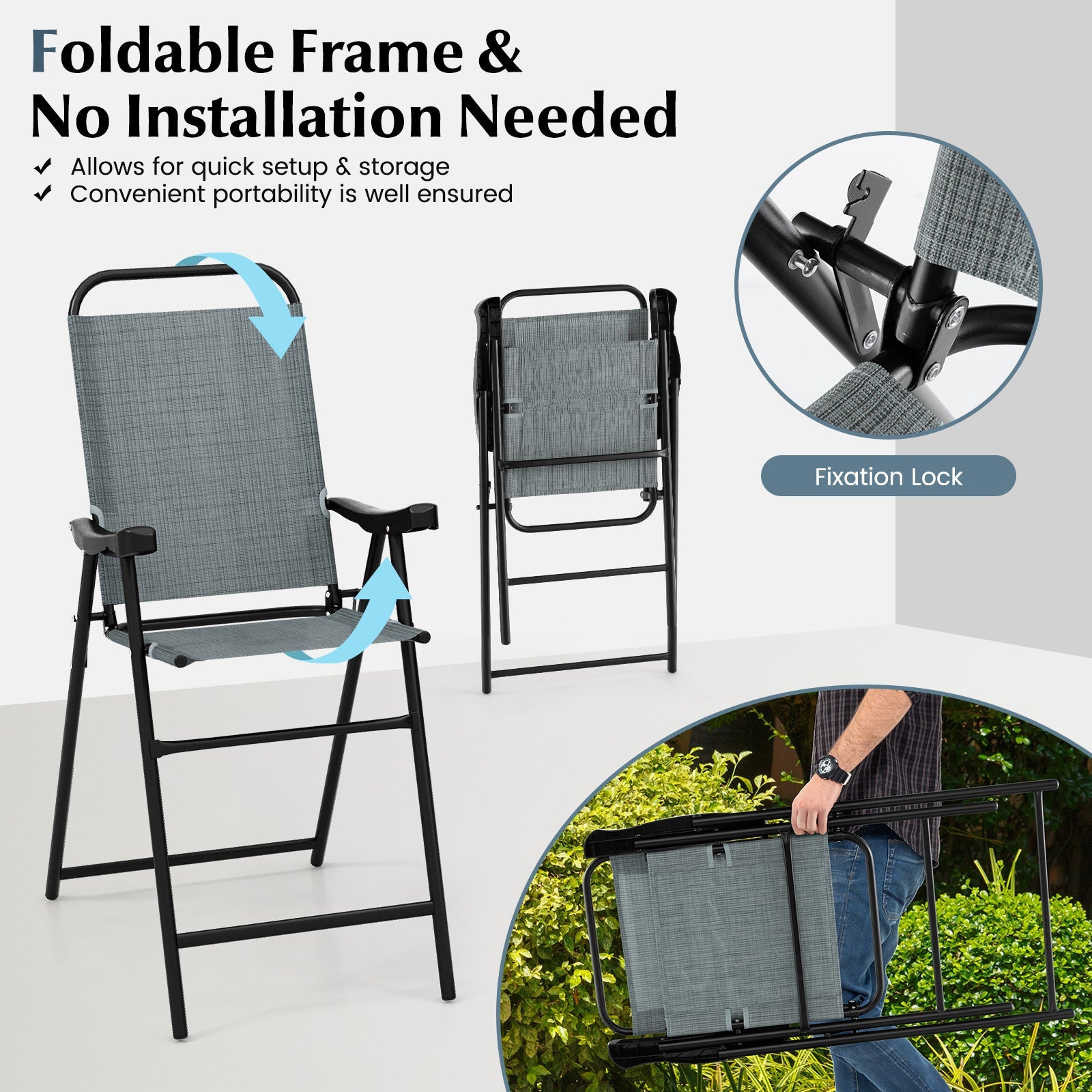 Patio Folding Bar Stool Set of 2 with Metal Frame and Footrest-Blue