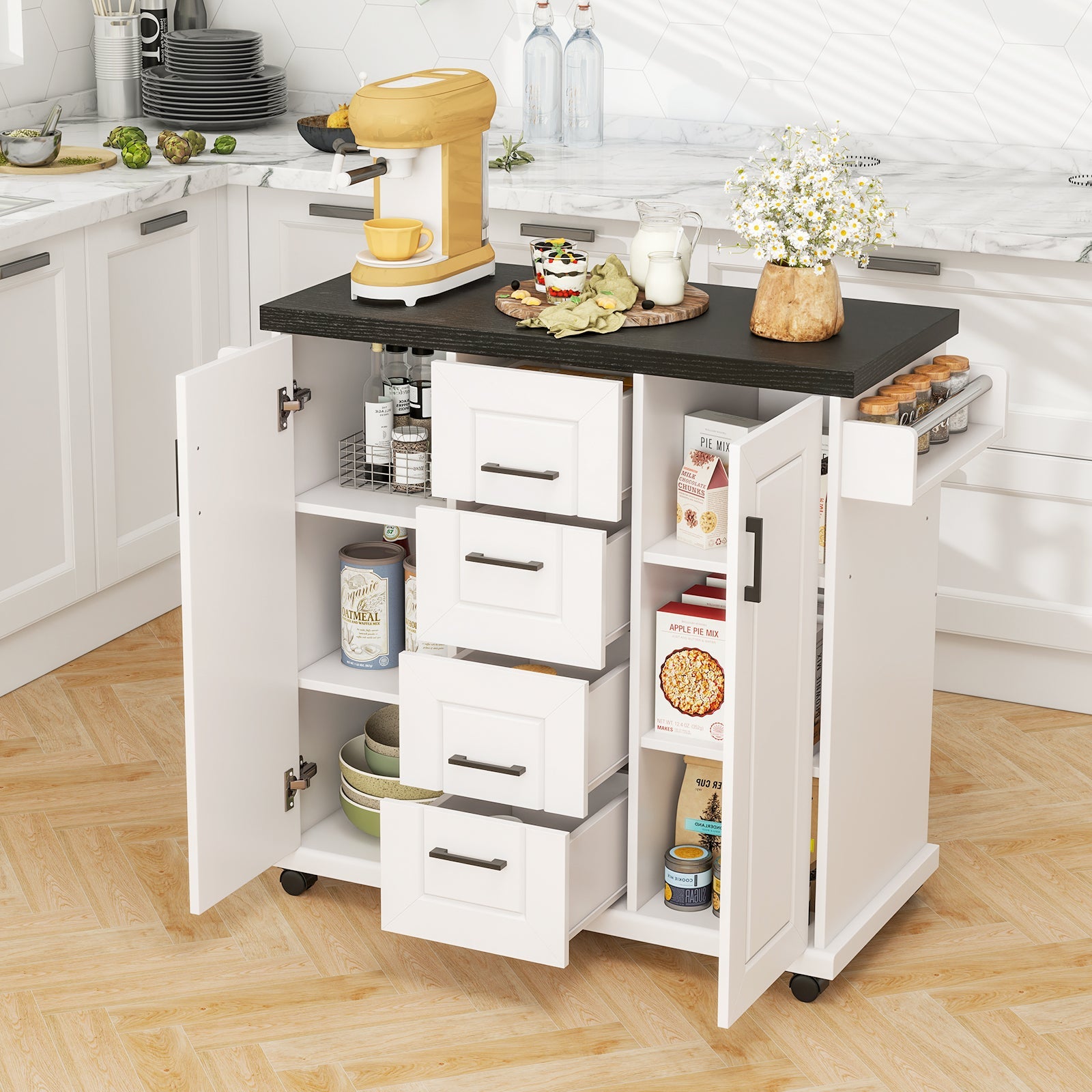 Rolling Kitchen Island Cart on Wheels with Storage Cabinets-White