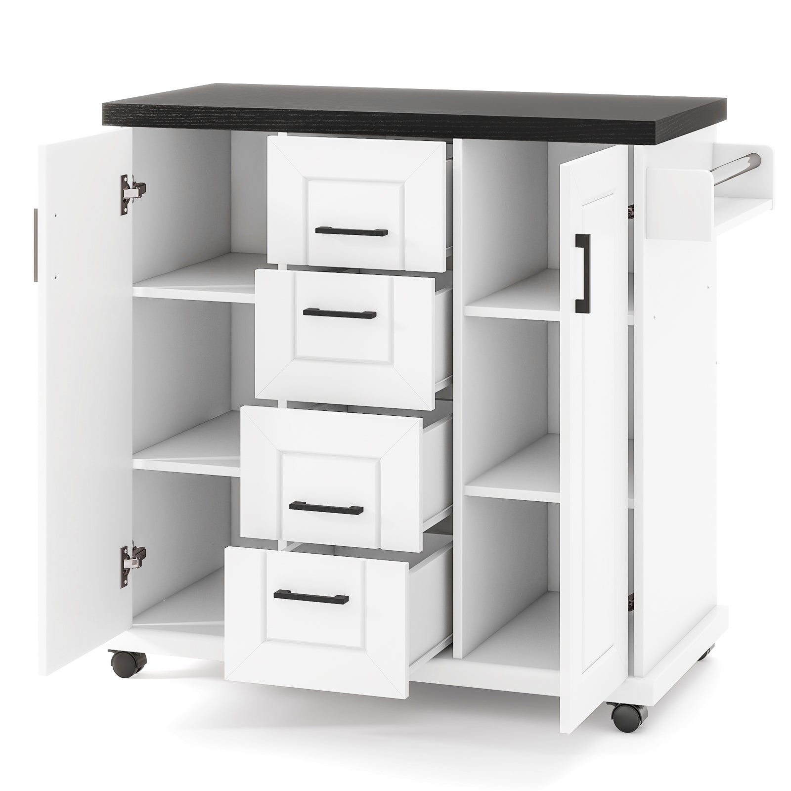Rolling Kitchen Island Cart on Wheels with Storage Cabinets-White