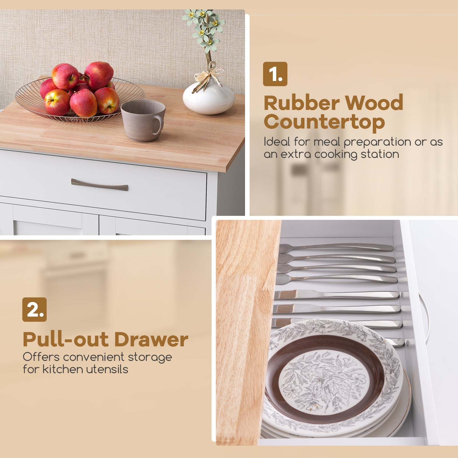 Rolling Kitchen Island Cart with Drawer and Towel Rack-White