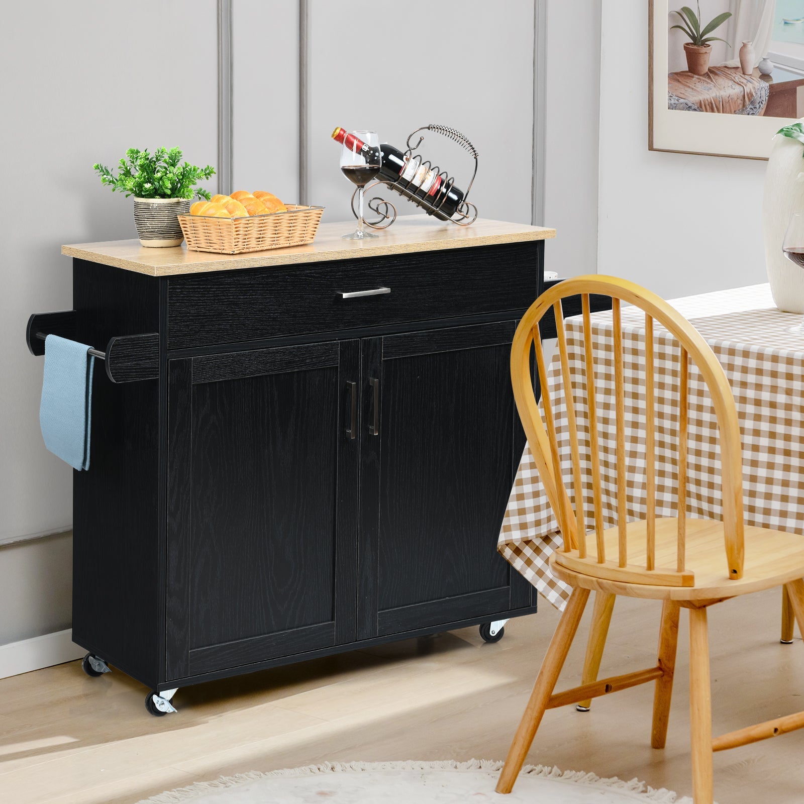 Rolling Kitchen Island Cart with Towel and Spice Rack-Black