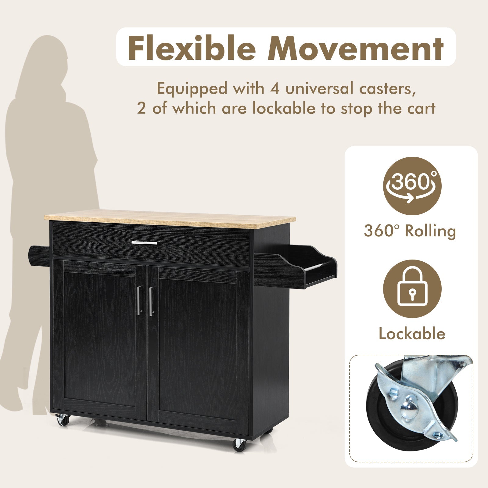 Rolling Kitchen Island Cart with Towel and Spice Rack-Black