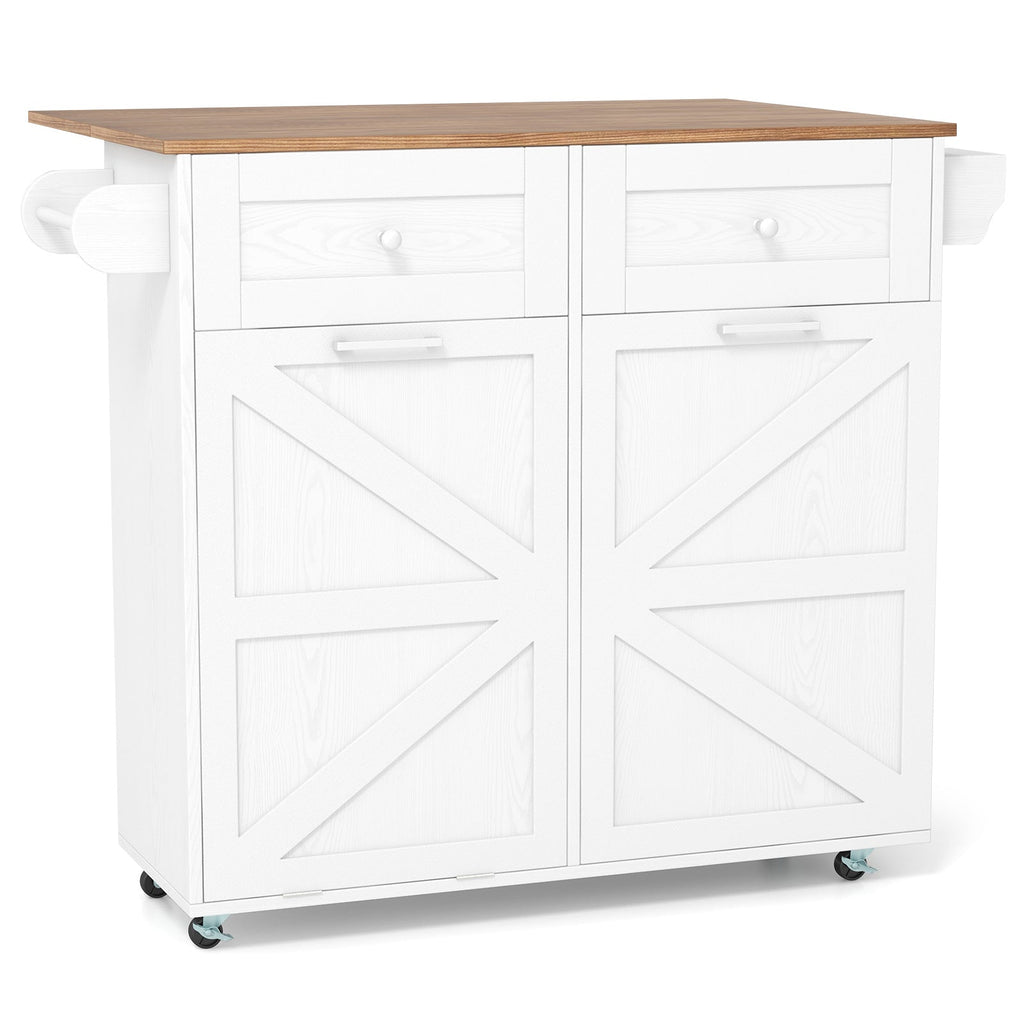 Rolling Kitchen Island with Trash Can Cabinet and Rubber Universal Wheels-White