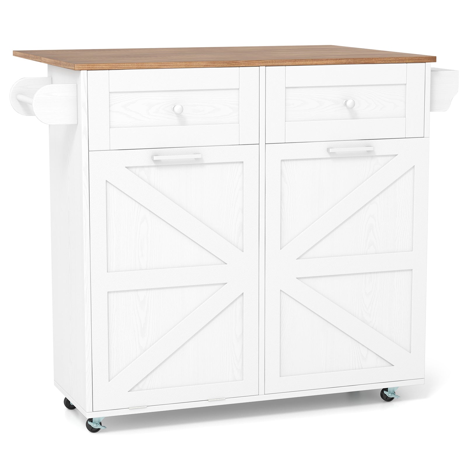 Rolling Kitchen Island with Trash Can Cabinet and Rubber Universal Wheels-White