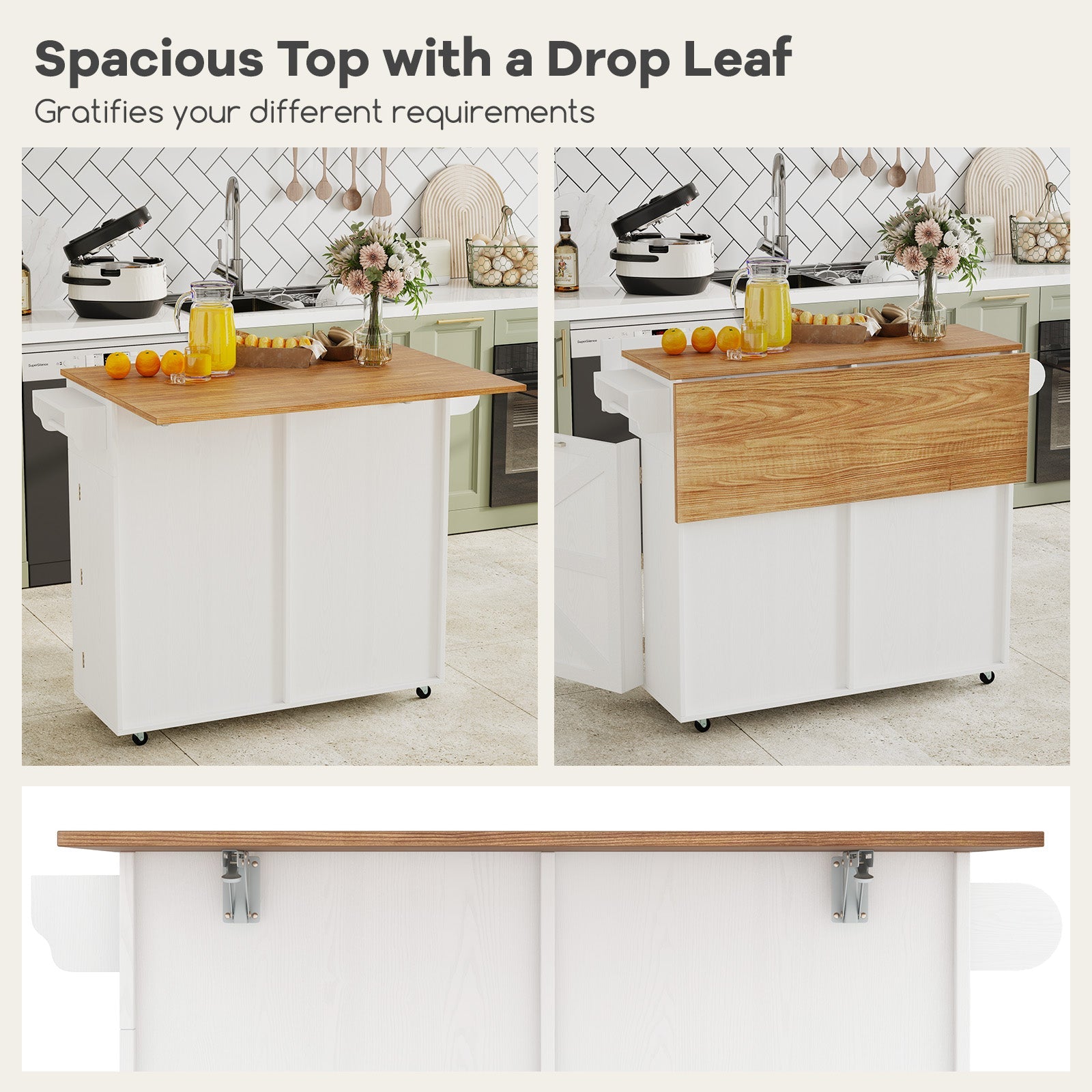 Rolling Kitchen Island with Trash Can Cabinet and Rubber Universal Wheels-White