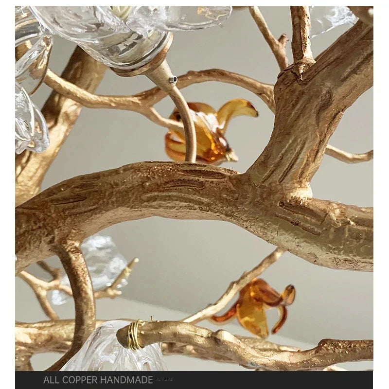 Charming Vintage Copper Flower Chandelier showcasing detailed handmade branches and glass flowers.