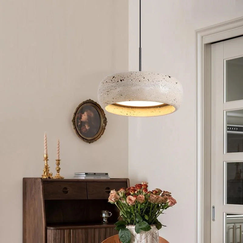 DecorBites™ LED Pendant Lamp Black Iron Wabi Sabi Hanging Light - Yellow Travertine