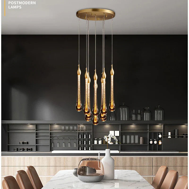 Lamp LED Chandelier - Modern Raindrop Crystal Pendant Light Fixtures in Gold for Kitchen Islands and Foyers