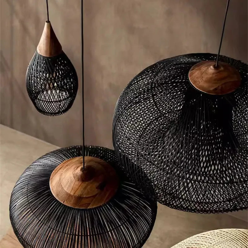 Wabi Sabi Vintage Handmade Rattan Pendant Lamps - Japanese Style Lighting for Kitchen Island and Dining Room Decor