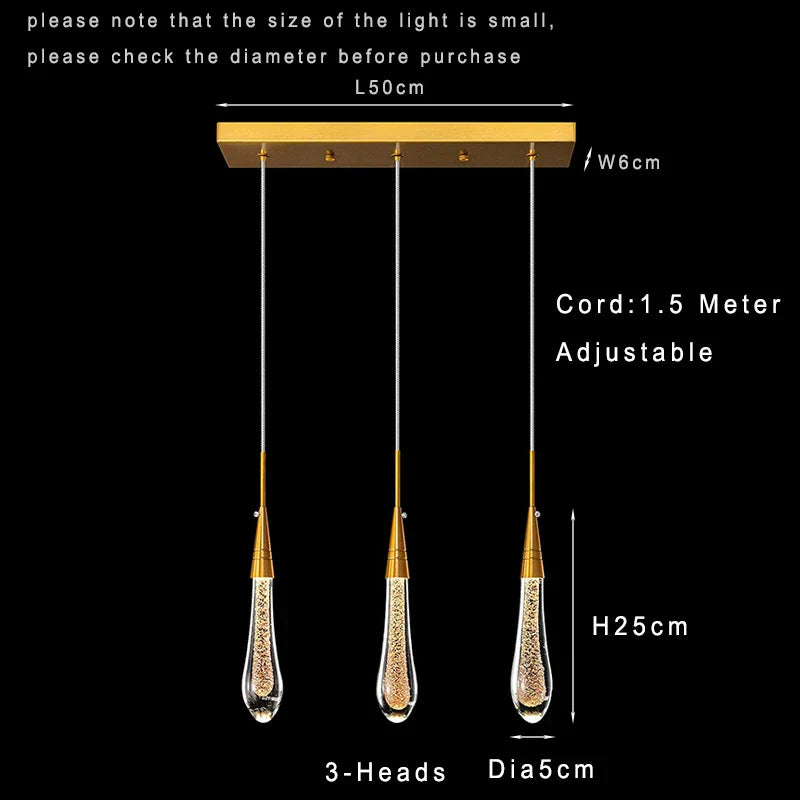 Lamp LED Chandelier - Modern Raindrop Crystal Pendant Light Fixtures in Gold for Kitchen Islands and Foyers
