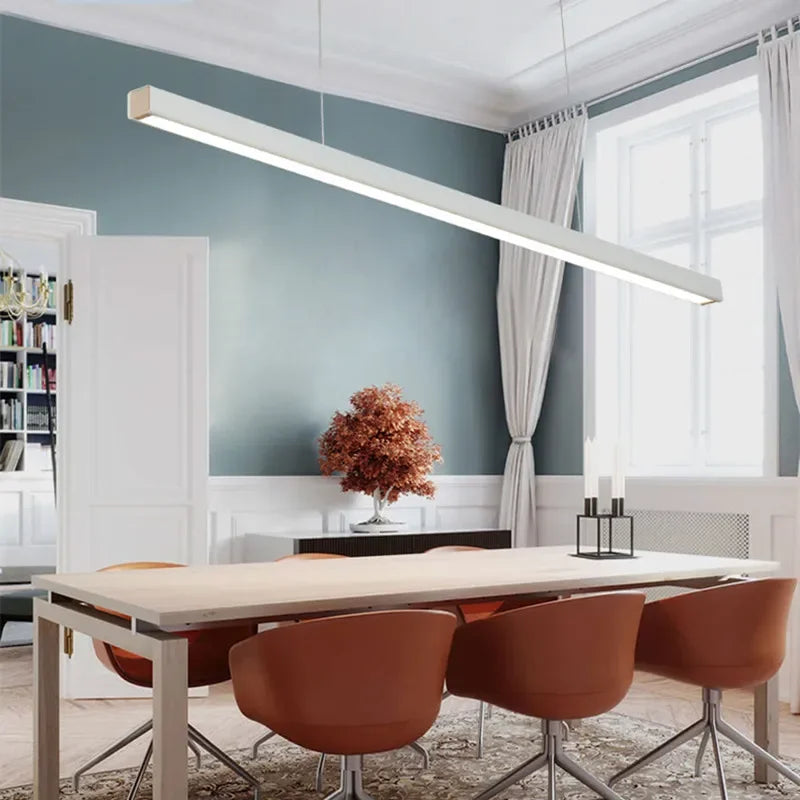 DecorBites™ LED Linear Pendant Light - White Black Wood Finish - Long Hanging Office Fixture