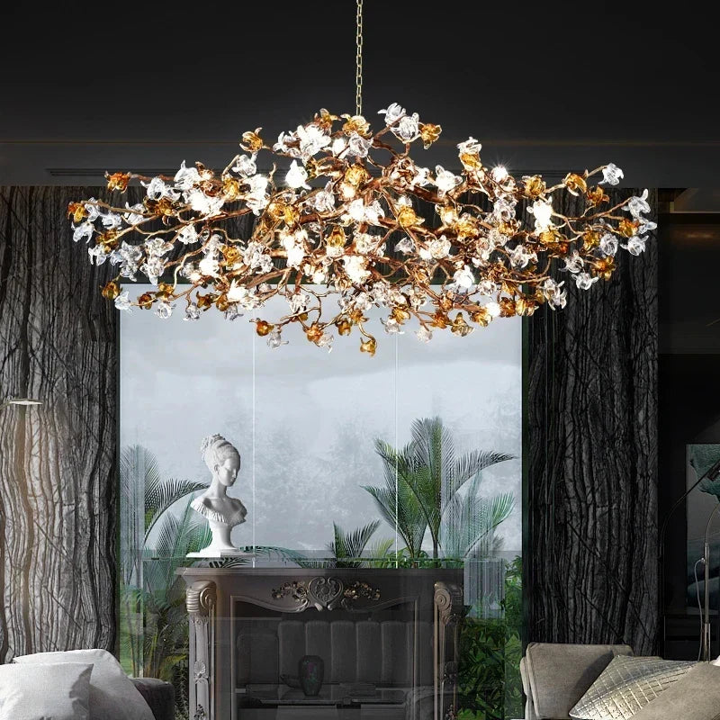 Charming Vintage Copper Flower Chandelier illuminating a stylish modern interior with unique flower design.