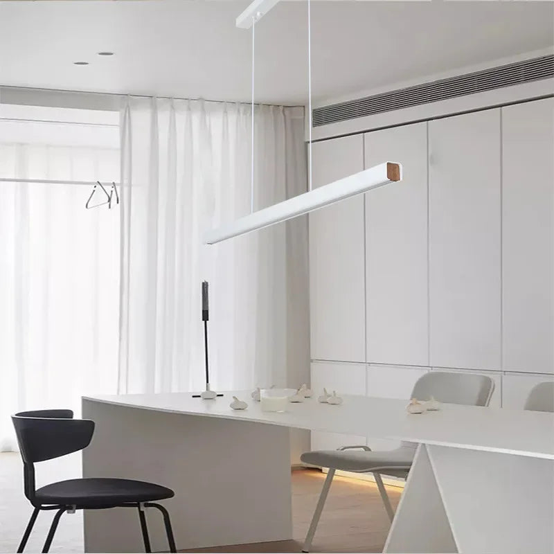DecorBites™ LED Linear Pendant Light - White Black Wood Finish - Long Hanging Office Fixture