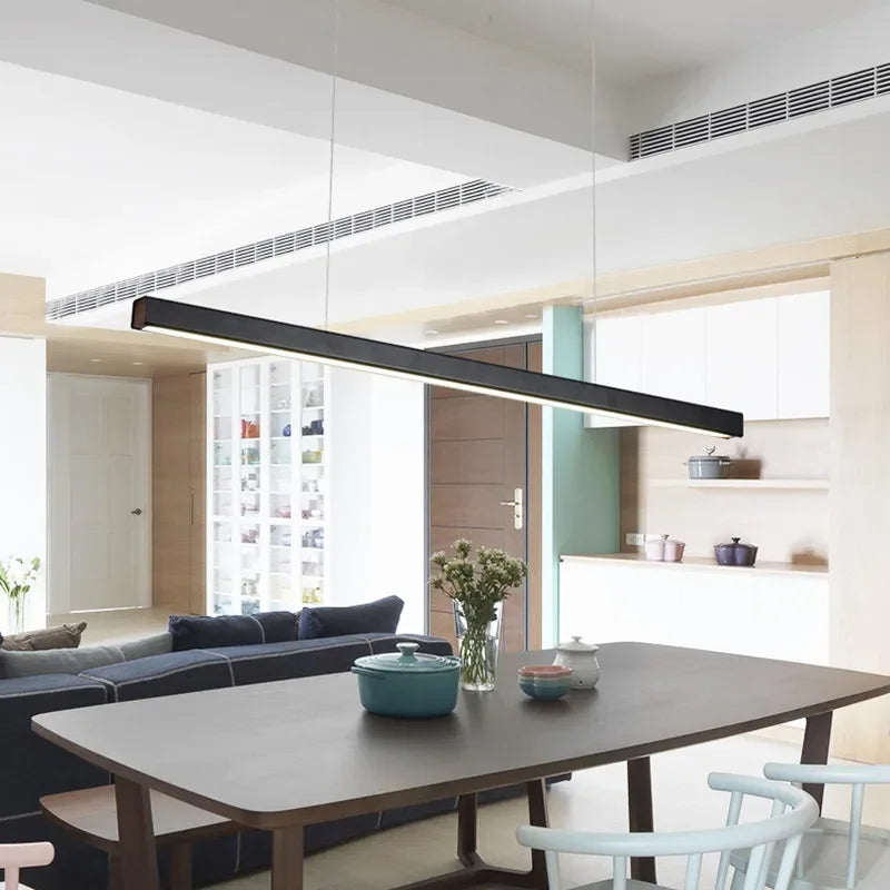 DecorBites™ LED Linear Pendant Light - White Black Wood Finish - Long Hanging Office Fixture