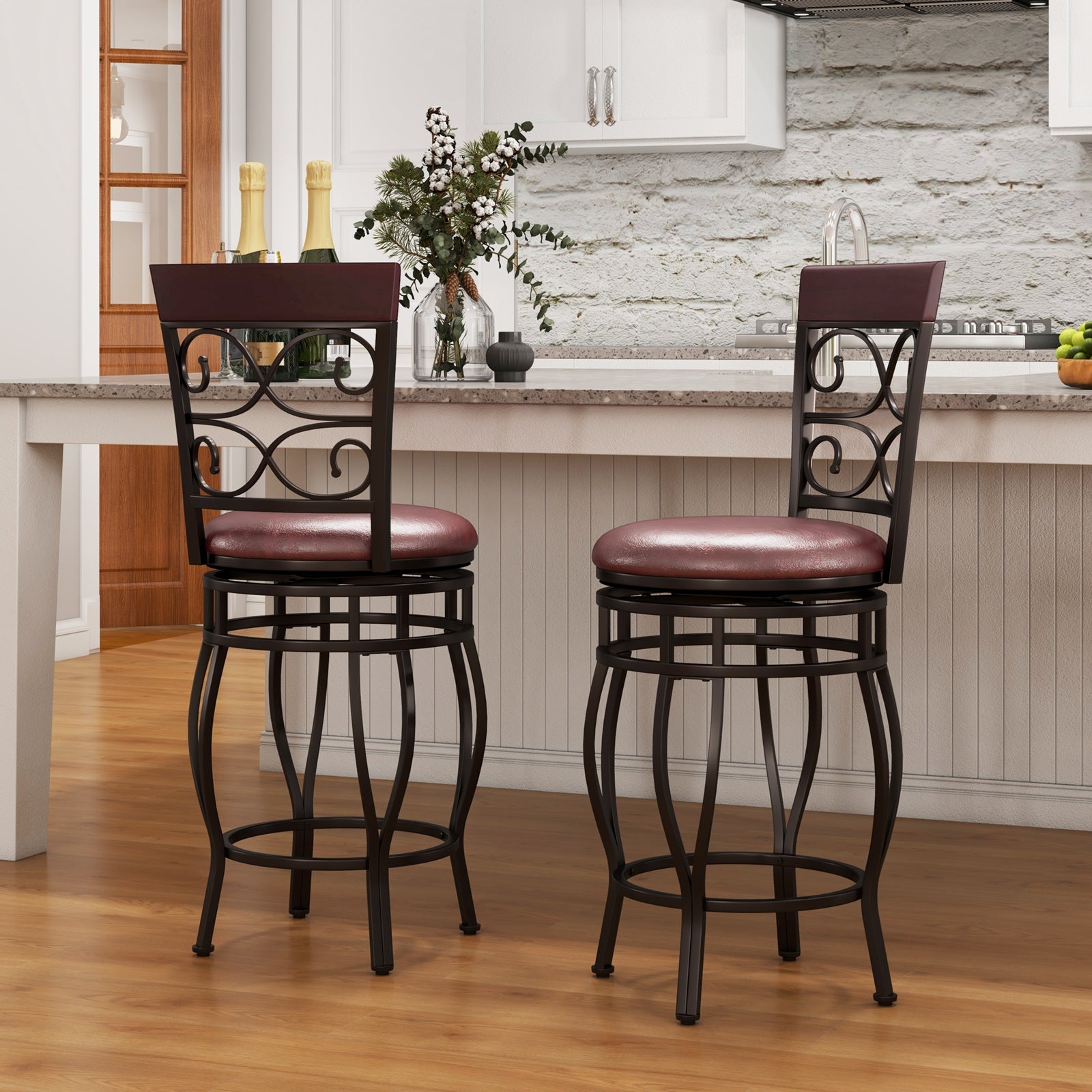 Set of 2 26 Inch Bar Stool with Backrest and Footrest-Brown