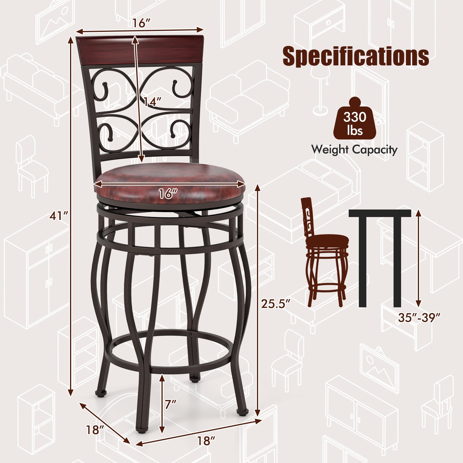 Set of 2 26 Inch Bar Stool with Backrest and Footrest-Brown