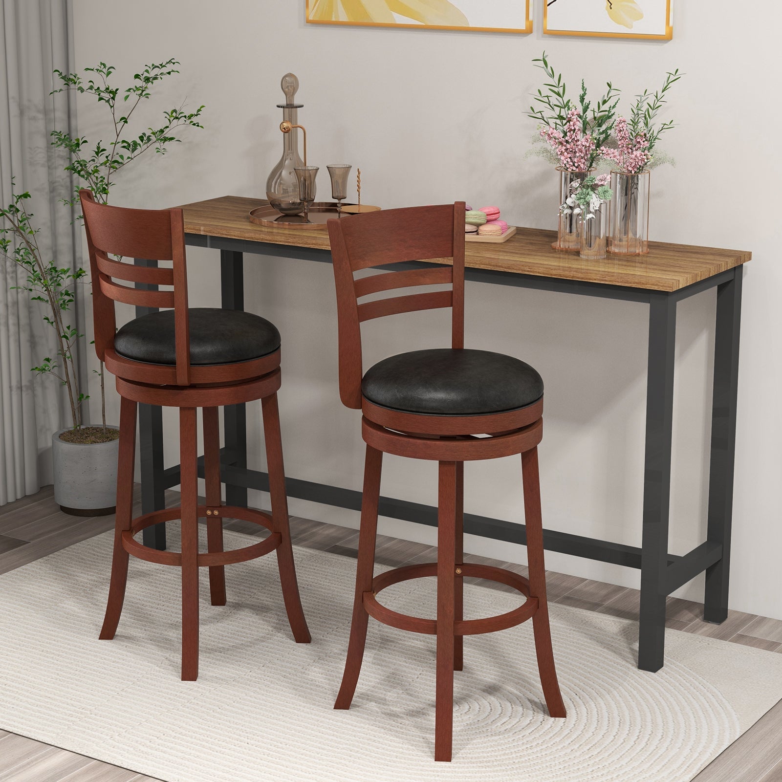 Set of 2 360° Bar Stools with PU Upholstered Seats-Brown