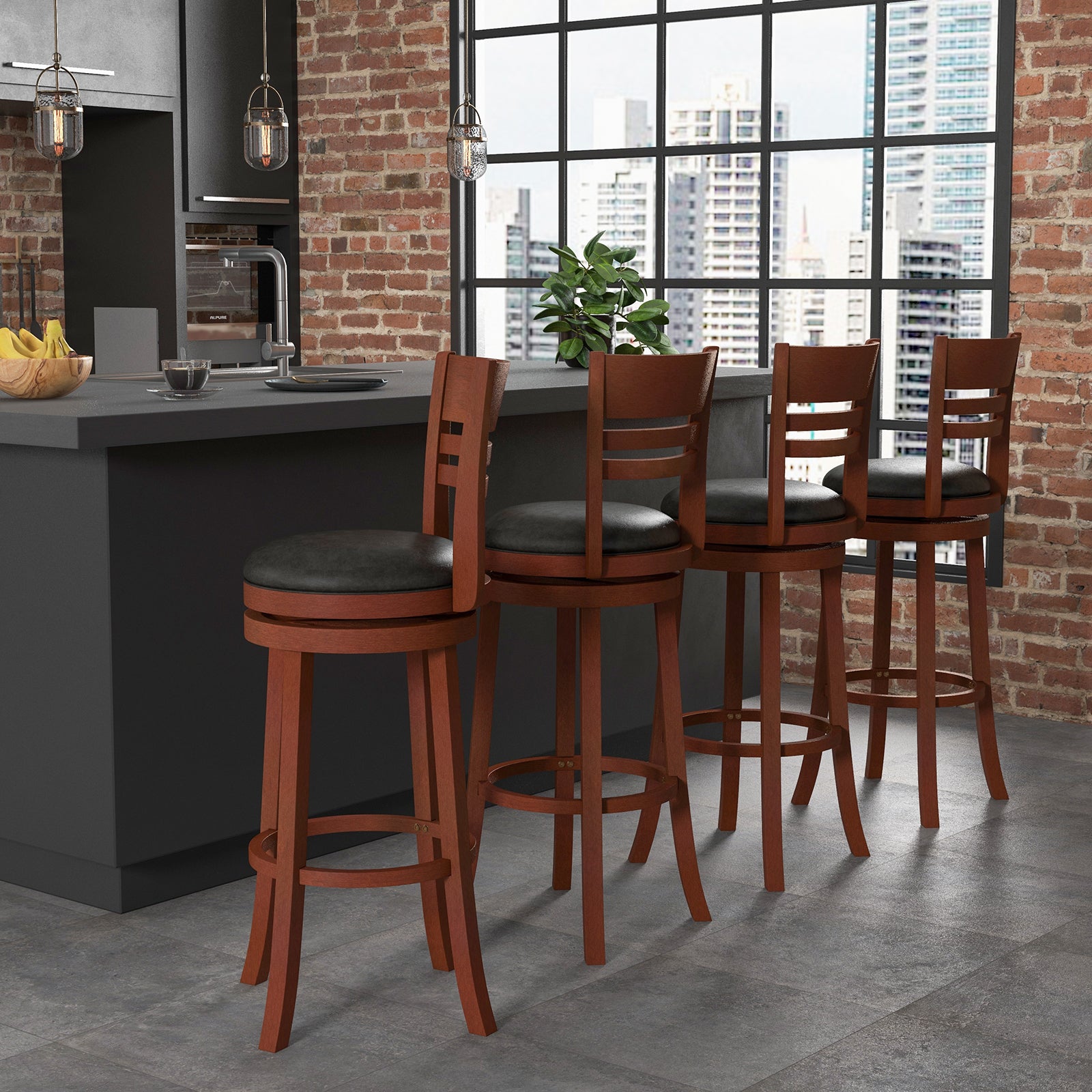 Set of 2 360° Bar Stools with PU Upholstered Seats-Brown