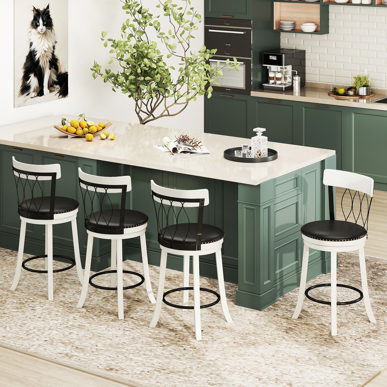 Set of 2 Bar Stools Swivel Bar Chairs with Footrest Rubber Wood Frame and Tufted Rivets-26 inches