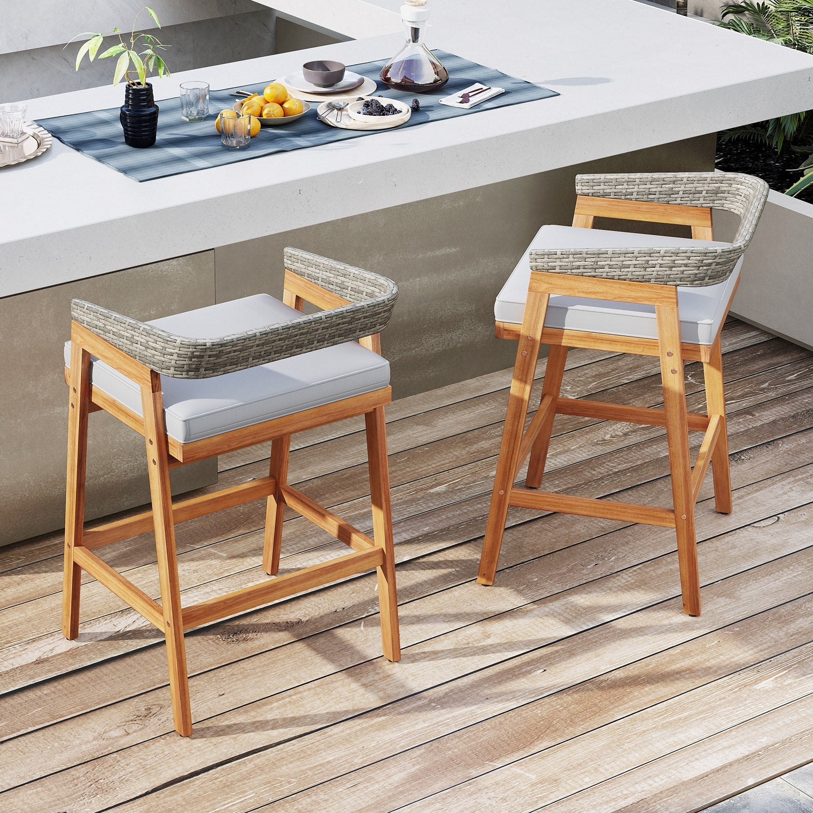 Set of 2 Patio Acacia Wood Counter Height Bar Stools with Cushions and PE Wicker Backrests Footrests-Gray