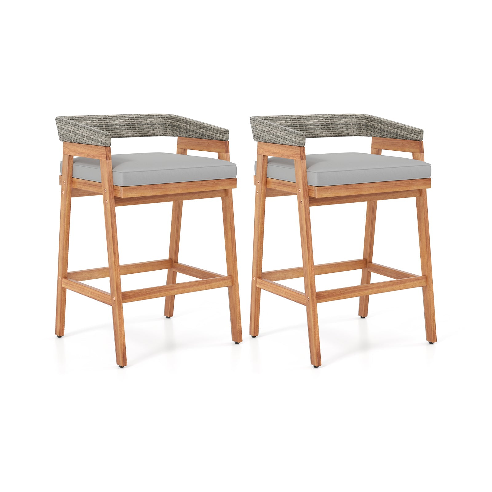 Set of 2 Patio Acacia Wood Counter Height Bar Stools with Cushions and PE Wicker Backrests Footrests-Gray