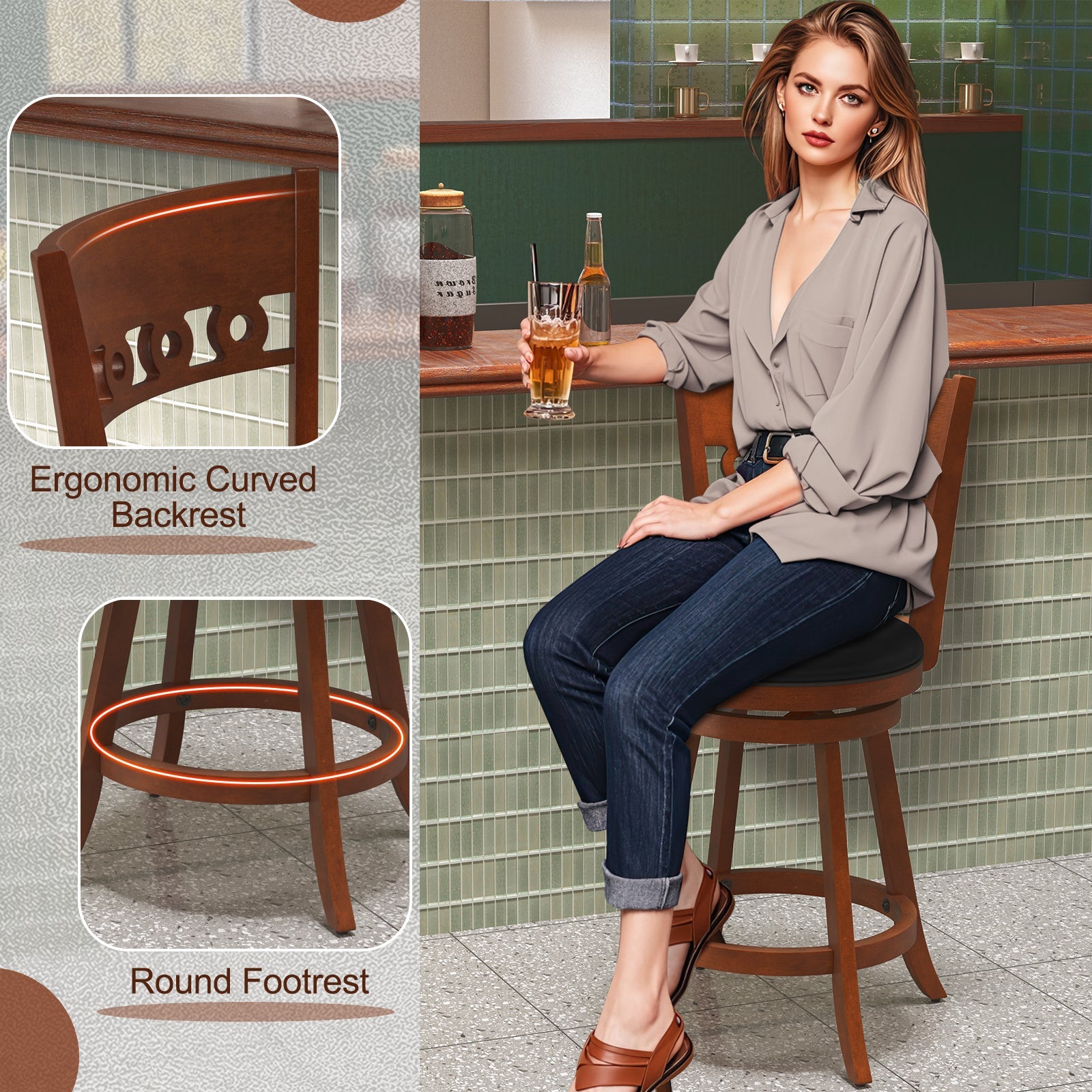 Set of 2 Swivel Bar Stools with Rubber Wood Frame-24.5 inches