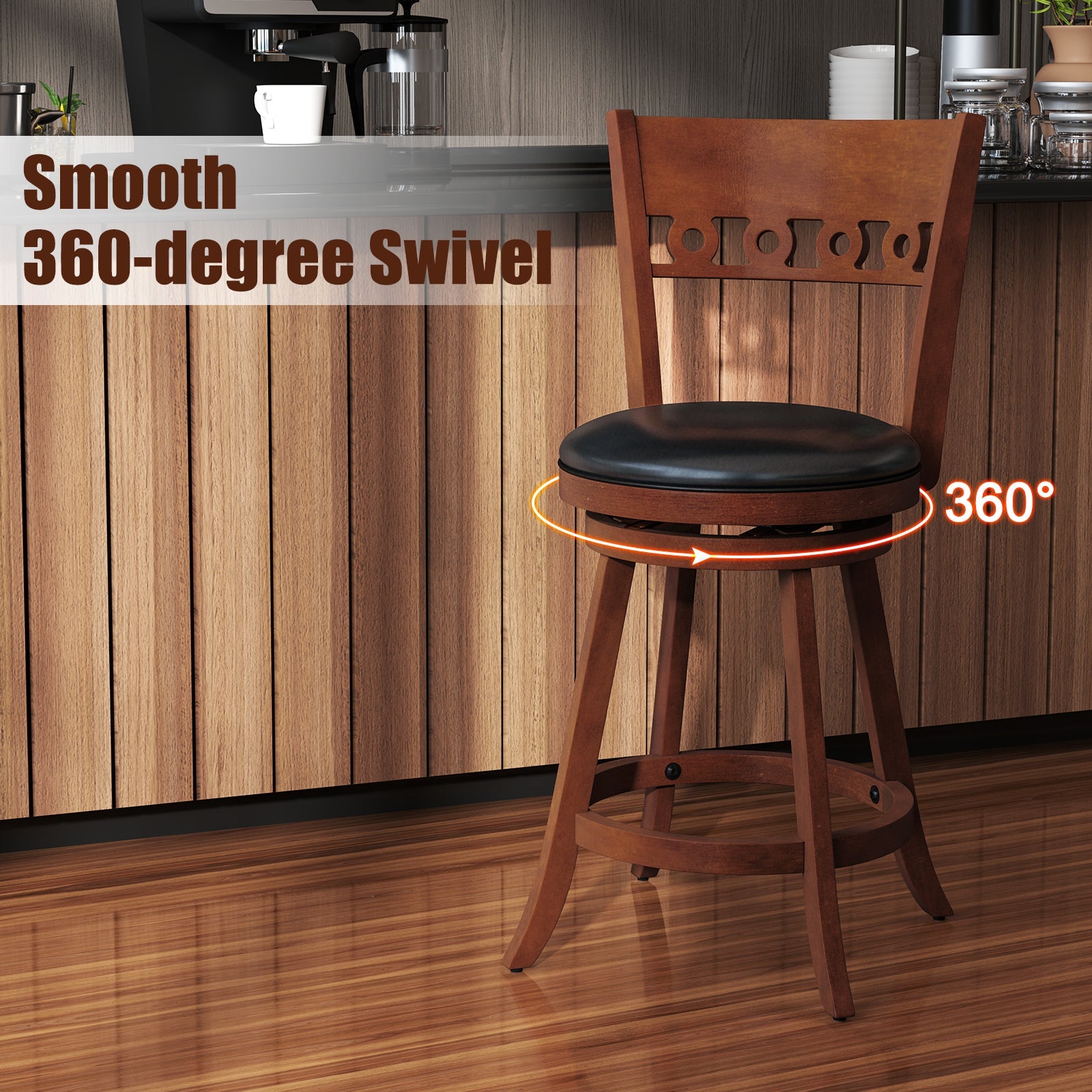 Set of 2 Swivel Bar Stools with Rubber Wood Frame-24.5 inches