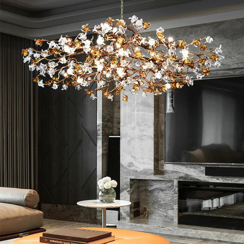 Charming Vintage Copper Flower Chandelier illuminating a stylish modern living room with elegant decor.