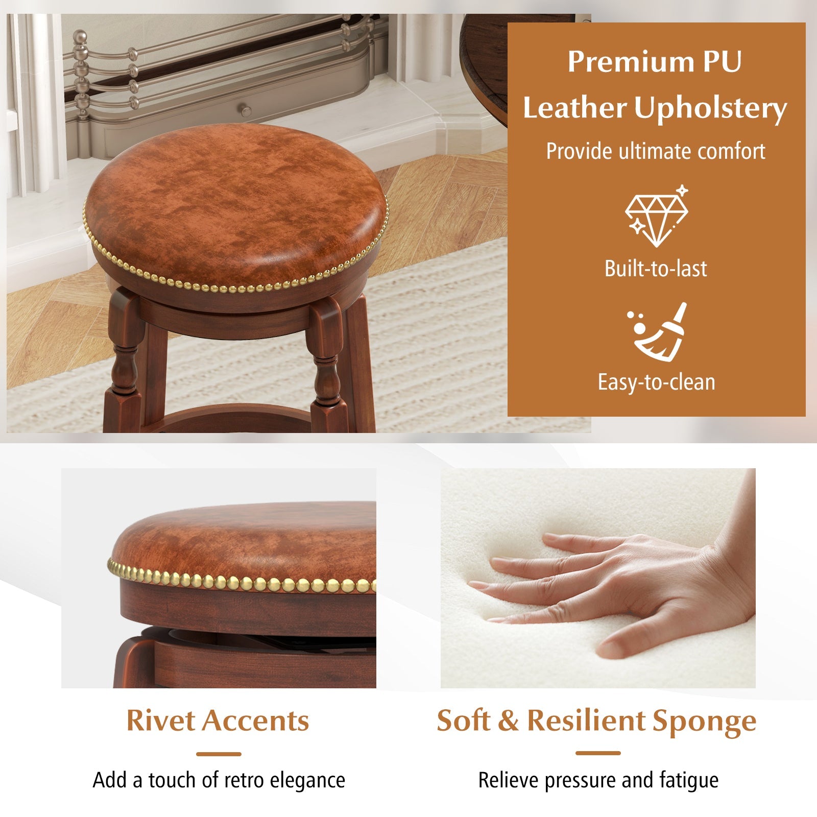 24 Inch Swivel Bar Stool Set of 2 with Upholstered Seat and Rubber Wood Frame-24 inches