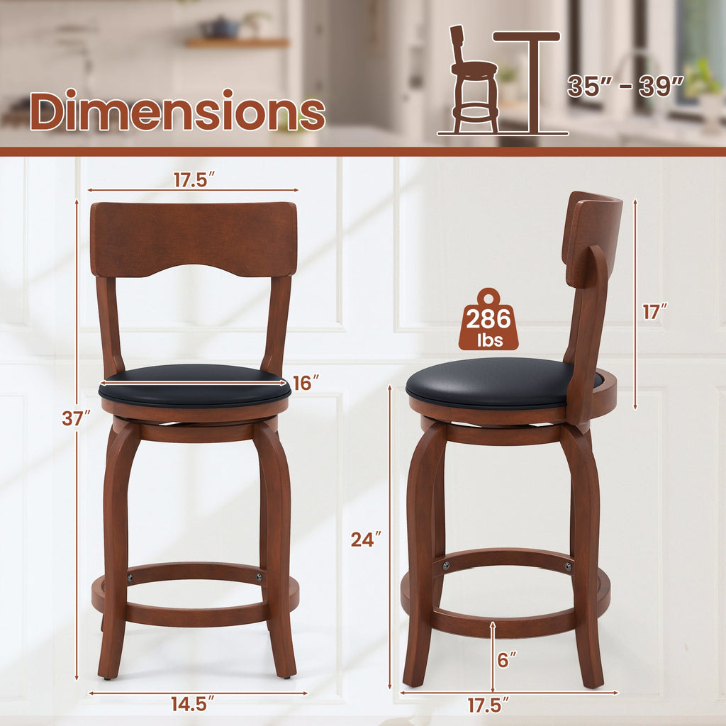 Swivel Bar Stools Set of 2 with Rubber Wood Frame and Upholstered Seat-24 Inch