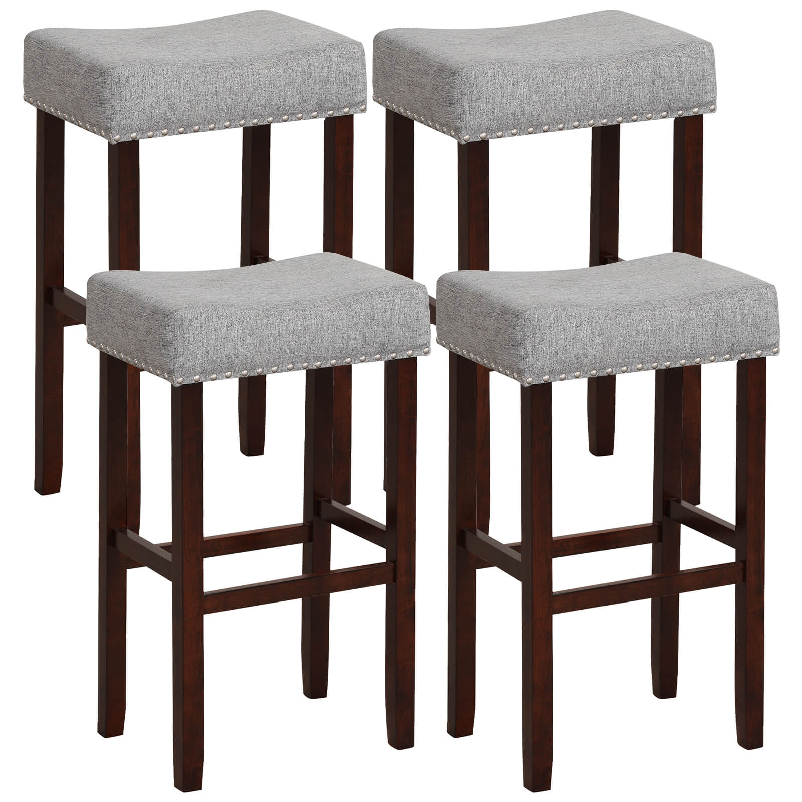 29 Inch Set of 2 Height Upholstered Bar Stool with Solid Rubber Wood Legs and Footrest-Gray