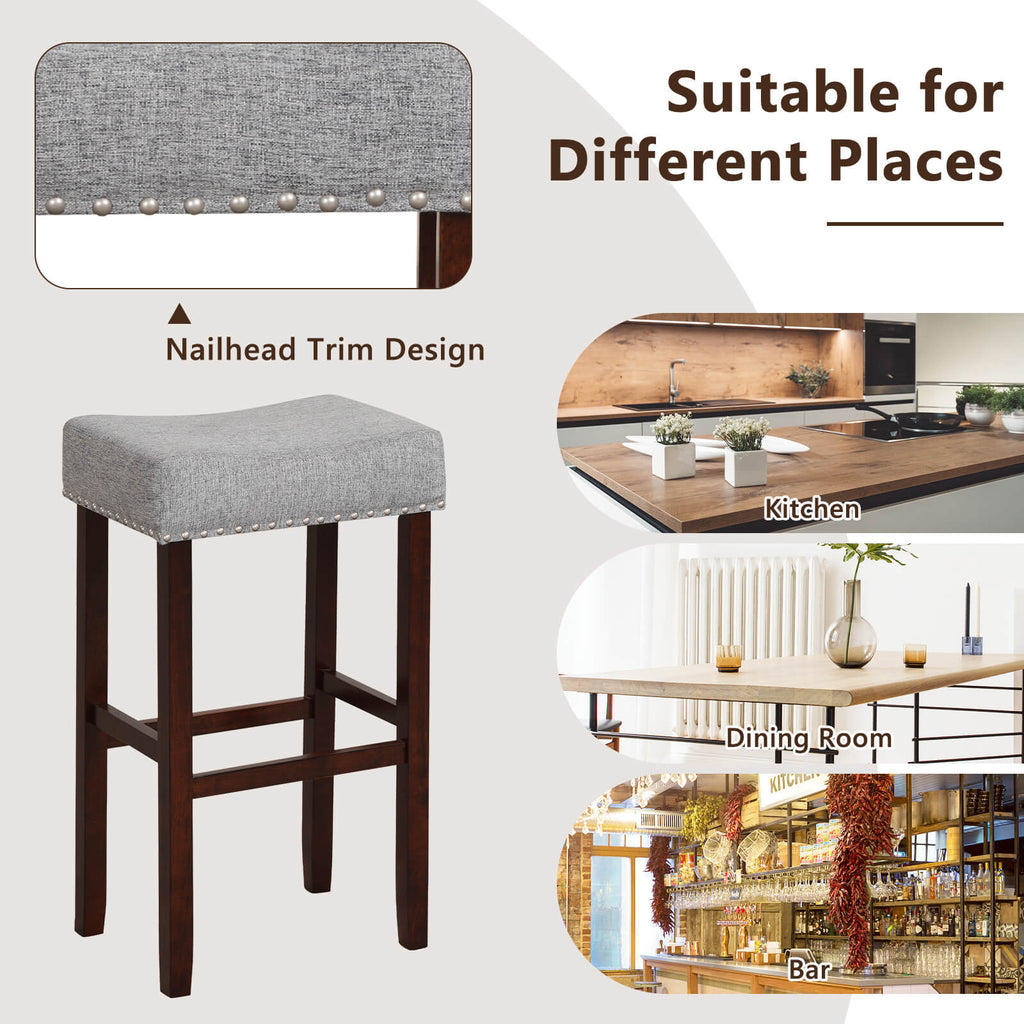 29 Inch Set of 2 Height Upholstered Bar Stool with Solid Rubber Wood Legs and Footrest-Gray
