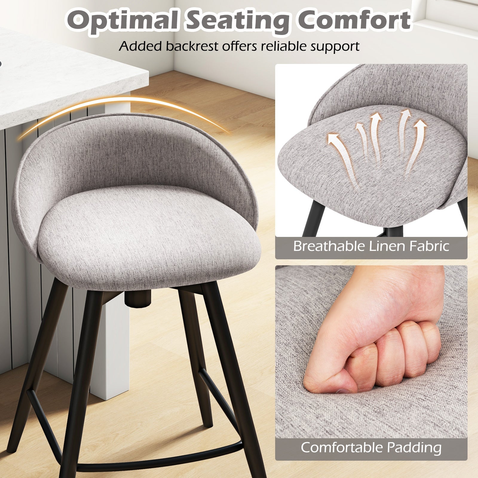 Upholstered Bar Stools Set of 2 with Footrest and Backrest-Gray