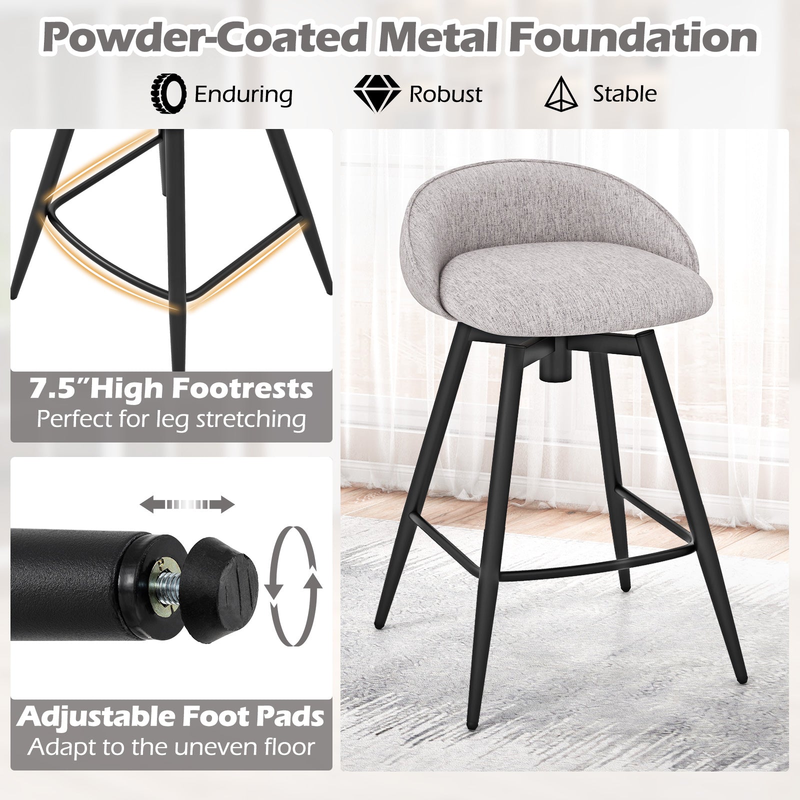 Upholstered Bar Stools Set of 2 with Footrest and Backrest-Gray
