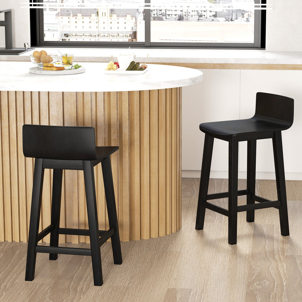 Wood Bar Stools Set of 2 with Solid Back and Seat-Black