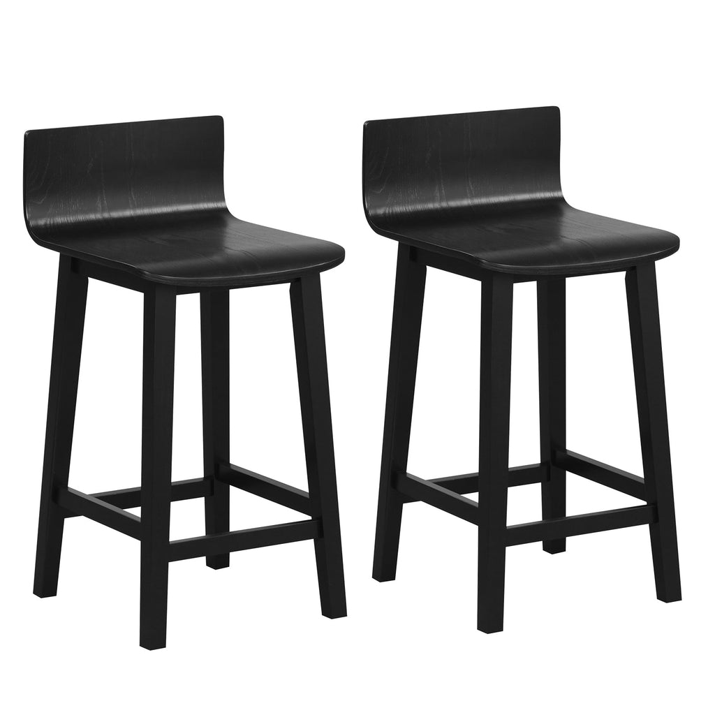 Wood Bar Stools Set of 2 with Solid Back and Seat-Black