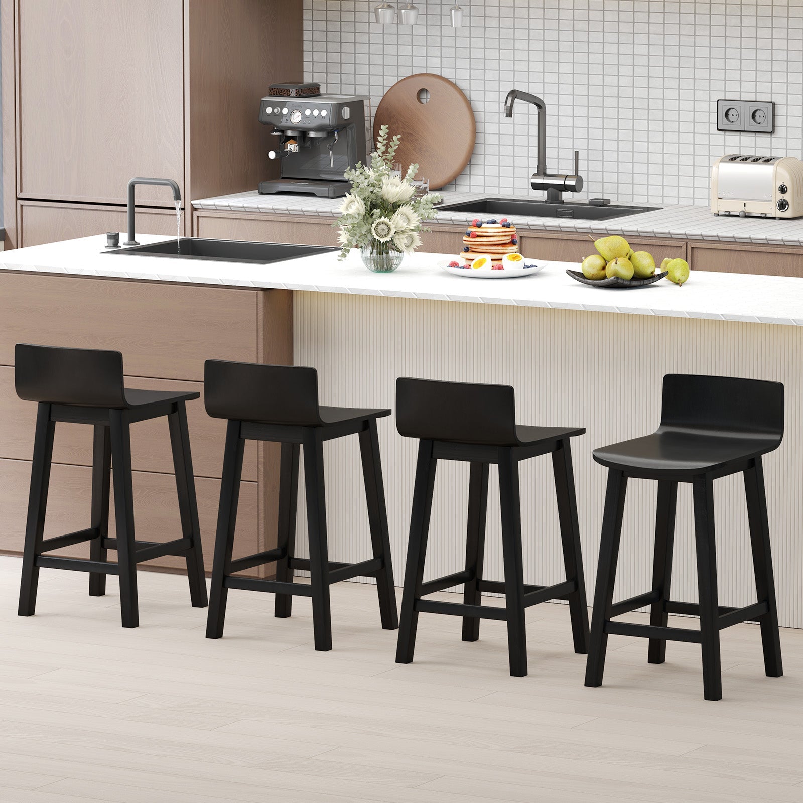 Wood Bar Stools Set of 2 with Solid Back and Seat-Black
