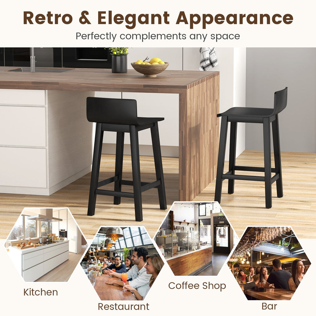 Wood Bar Stools Set of 2 with Solid Back and Seat-Black