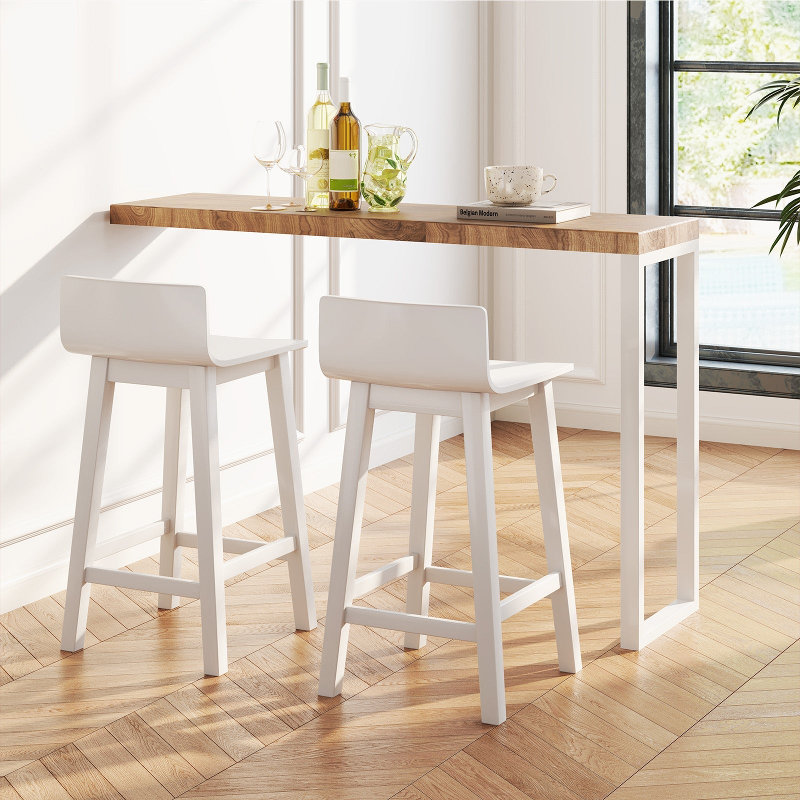 Wood Bar Stools Set of 2 with Solid Back and Seat-White