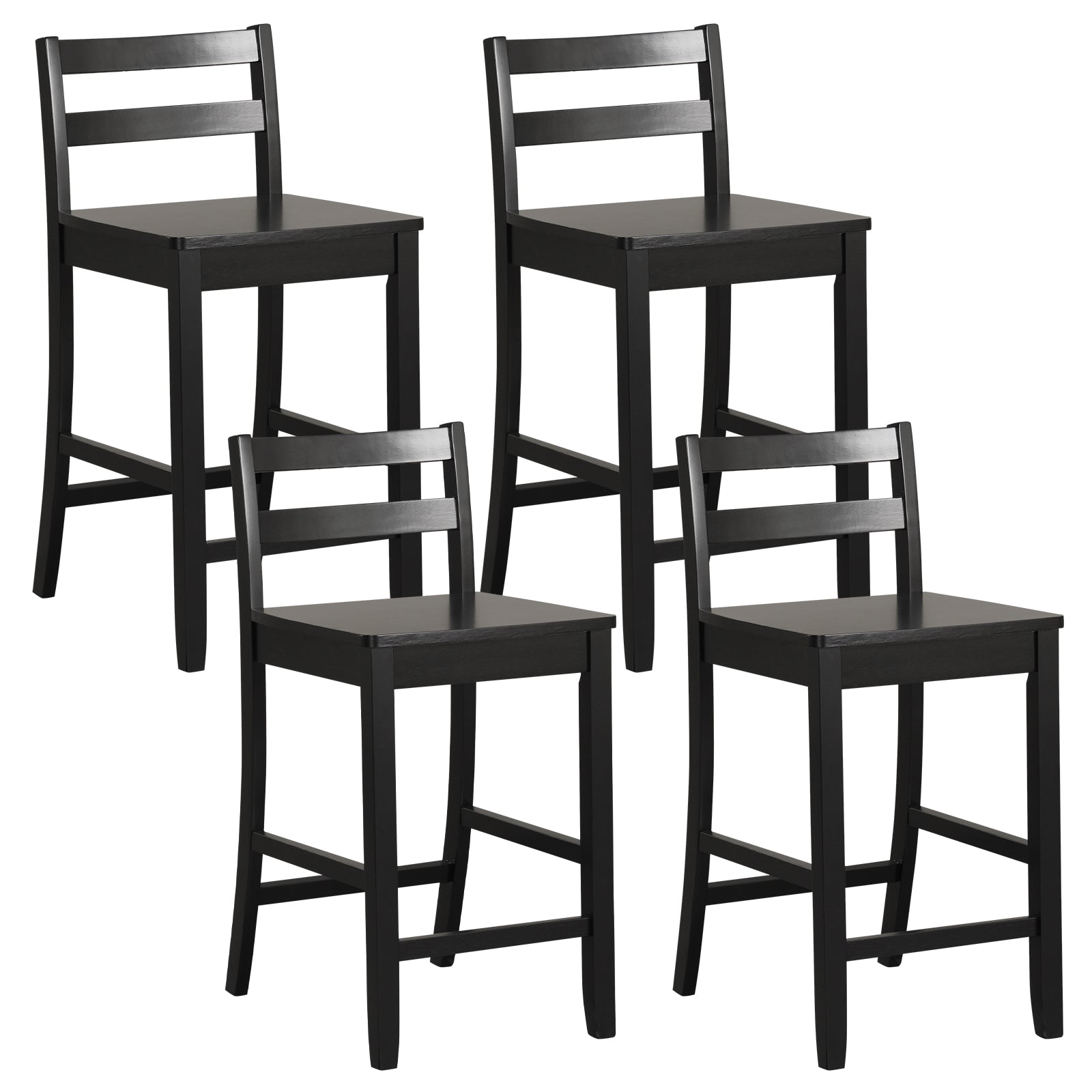 Wooden Bar Stools Set of 2 with Ergonomic Backrest and Footrest-Black